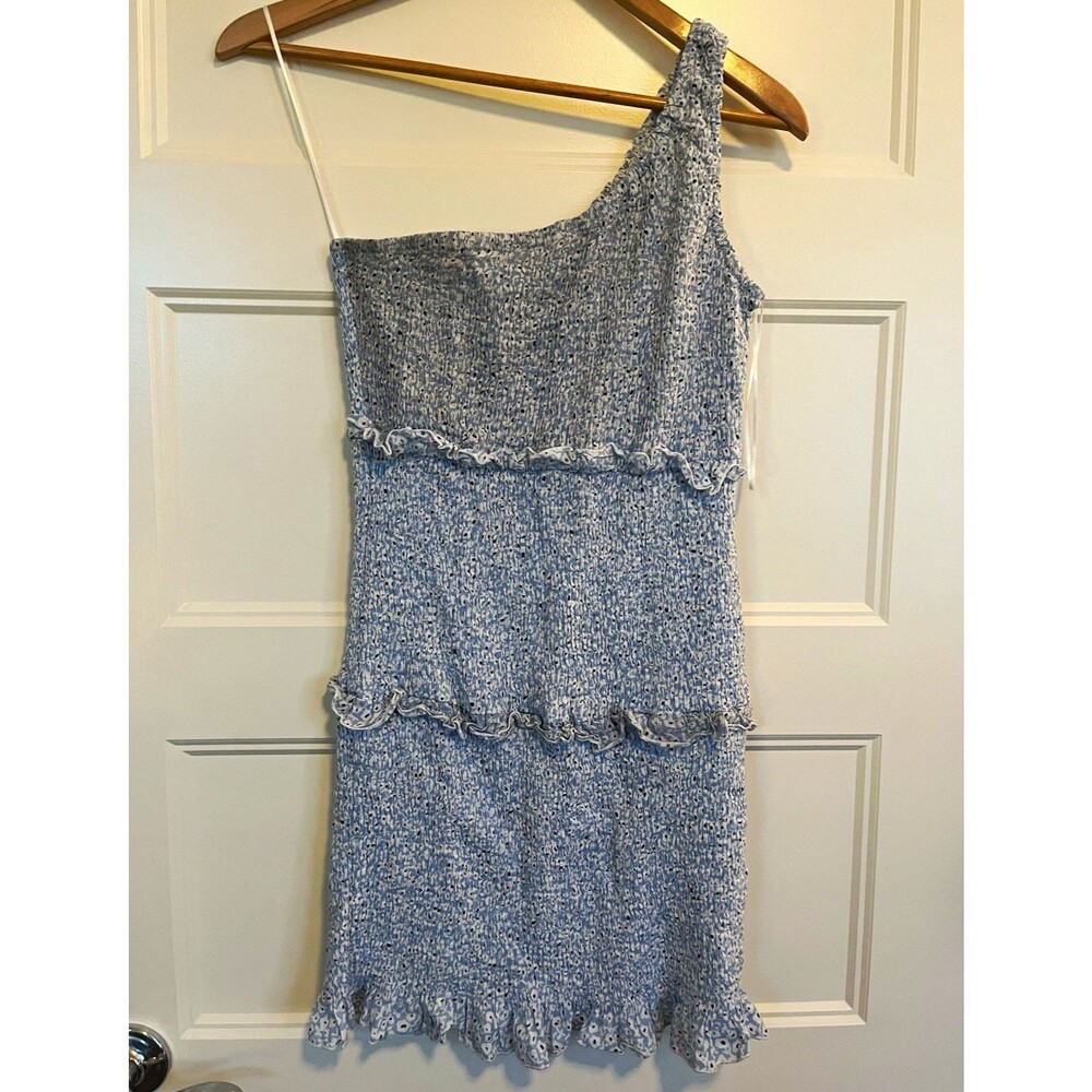 Princess Polly Blue/White Polka Dot One Shoulder Smocked Ruffle Mini Dress 10